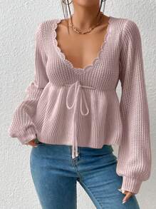 SHEIN Privé 貝殼邊燈籠袖前繫帶荷葉邊下擺套頭毛衣 - 粉色 - 查看 1
