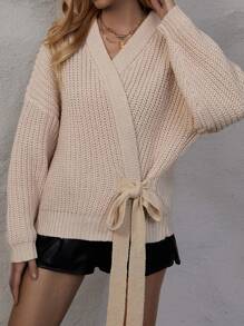 SHEIN LUNE Drop Shoulder Knot Side Wrap Cardigan - Apricot - View 4