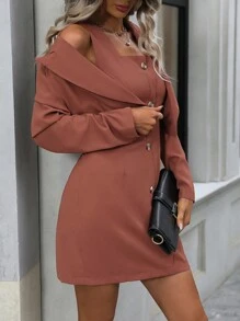 SHEIN Privé Chất rắn Váy Dây & Ngực đơn Áo vest - màu nâu - Xem 4