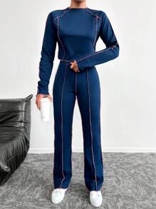 RueChic Women's Casual Loose Slub Long Sleeve T-Shirt & Straight-Leg Pants Navy Blue 2pcs/Set - Navy Blue - View 4