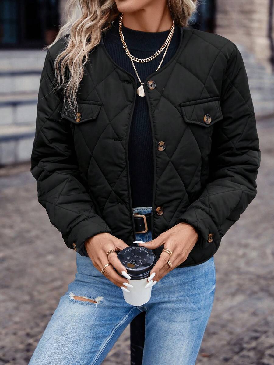 SHEIN Frenchy Chi tiết về Flap Áo khoác Quilted - màu đen - Xem 1