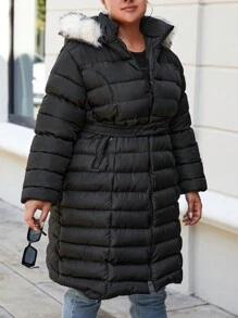 RueChic Plus Fuzzy Trim Hooded Puffer Coat - Black - View 4