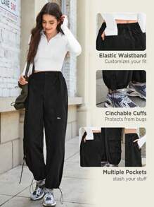 In My Nature Letter Patched Detail Flap Pocket Drawstring Hem Cargo Outdoor Pants - Black - View 3