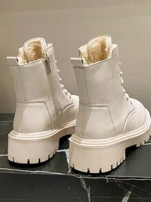 秋冬新款女士时尚休闲纯色雪地靴，蓬松衬里系带前拉链侧边米色靴子，毛皮靴