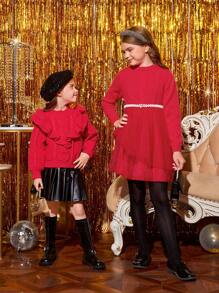 SHEIN Tween Girl Mesh Hem Sweater Dress - Red - View 7
