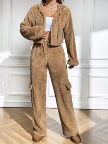 SHEIN EZwear Drop Shoulder Drawstring Hoodie & Flap Pocket Pants - Khaki - View 6