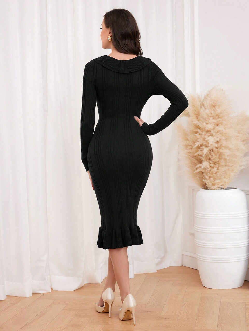 Ruffle Trim Bodycon Sweater Dress Fall Cloth For Women