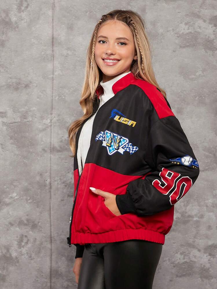 Teen Girl Letter Graphic Colorblock Shearling Lined Bomber Jacket