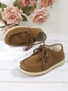 1pair Unisex Kids Casual Breathable Mark Leather Flats Suitable For Spring, Summer And Fall - Brown - View 4