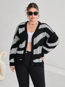 SHEIN Essnce Plus Bloco De Cores Ombro Caído Cardigans - Preto e Branco - Ver 6