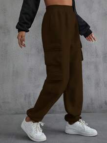 SHEIN EZwear Quần bó sát có túi nắp chắc chắn - Cà phê nâu - Xem 1