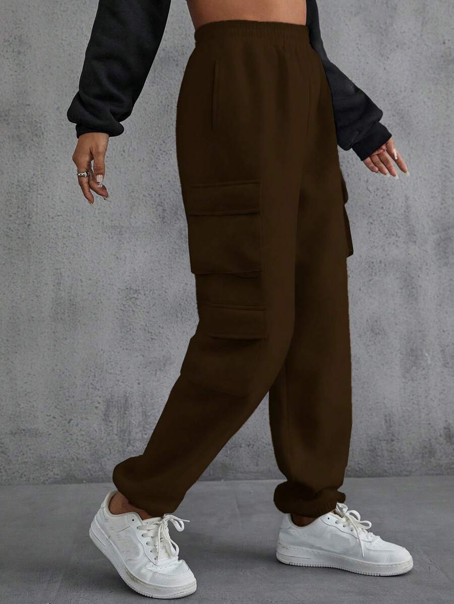 SHEIN EZwear Quần bó sát có túi nắp chắc chắn - Cà phê nâu - Xem 1