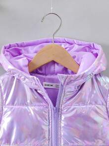 SHEIN 年轻女孩 1 件装翻盖口袋拉链连帽全息背心加厚外套 - 淡紫色 - 查看 4