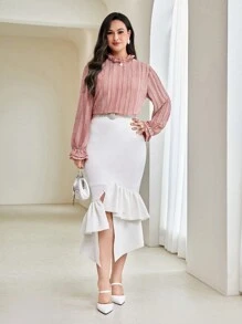 Modelyn Plus Frill Trim Flounce Sleeve Blouse - Pink - View 5