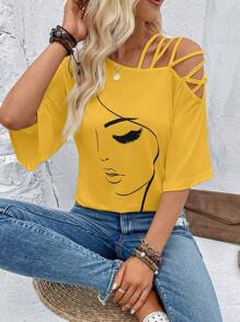 EMERY ROSE Figure Graphic Asymmetrical Neck Tee Graphic Tees Women Tops - Yellow - View 3