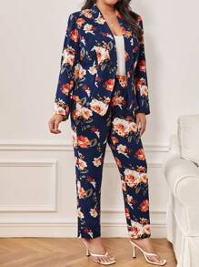 SHEIN Clasi Plus Allover Floral Print Open Front Blazer & Pants - Navy Blue - View 3