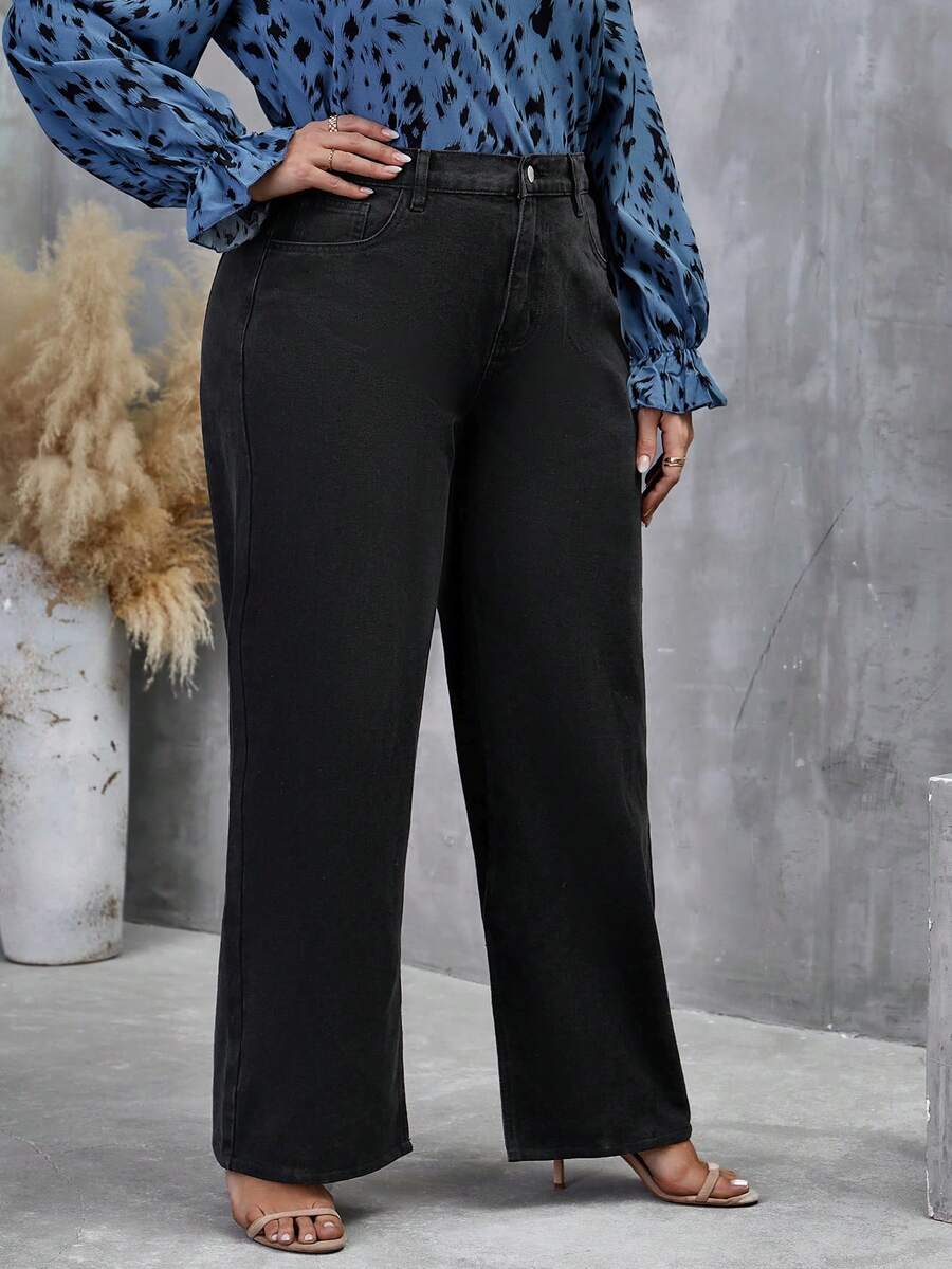SHEIN LUNE Plus Zipper Fly Wide Leg Jeans - Black - View 1