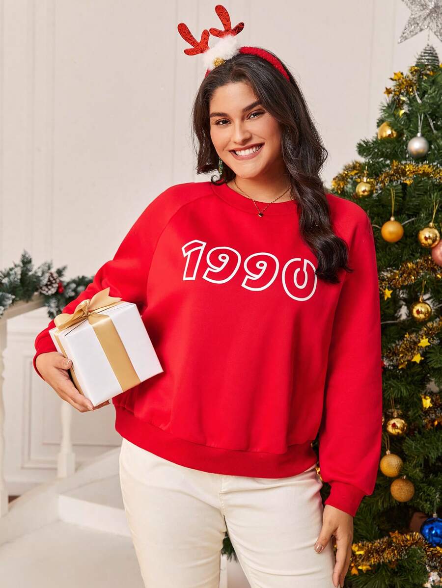 SHEIN Frenchy 大碼字母圖案插肩袖運動衫 - 紅色 - 查看 1