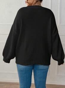 Calvaya 加大码麻花针织落肩套头毛衣秋冬毛衣 - 黑色 - 查看 2