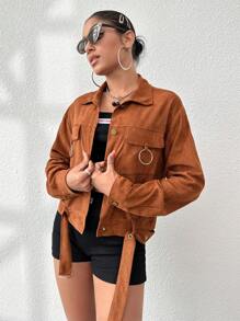 Flirla Flap Pocket Drop Shoulder Jacket Fall Cloth For Women - Rust Brown - View 3