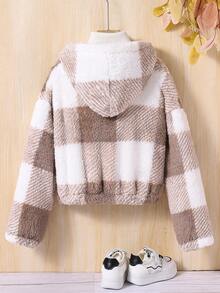 SHEIN 女大童大方格圖案雙口袋連帽毛絨夾克無毛衣 - 彩色 - 查看 2