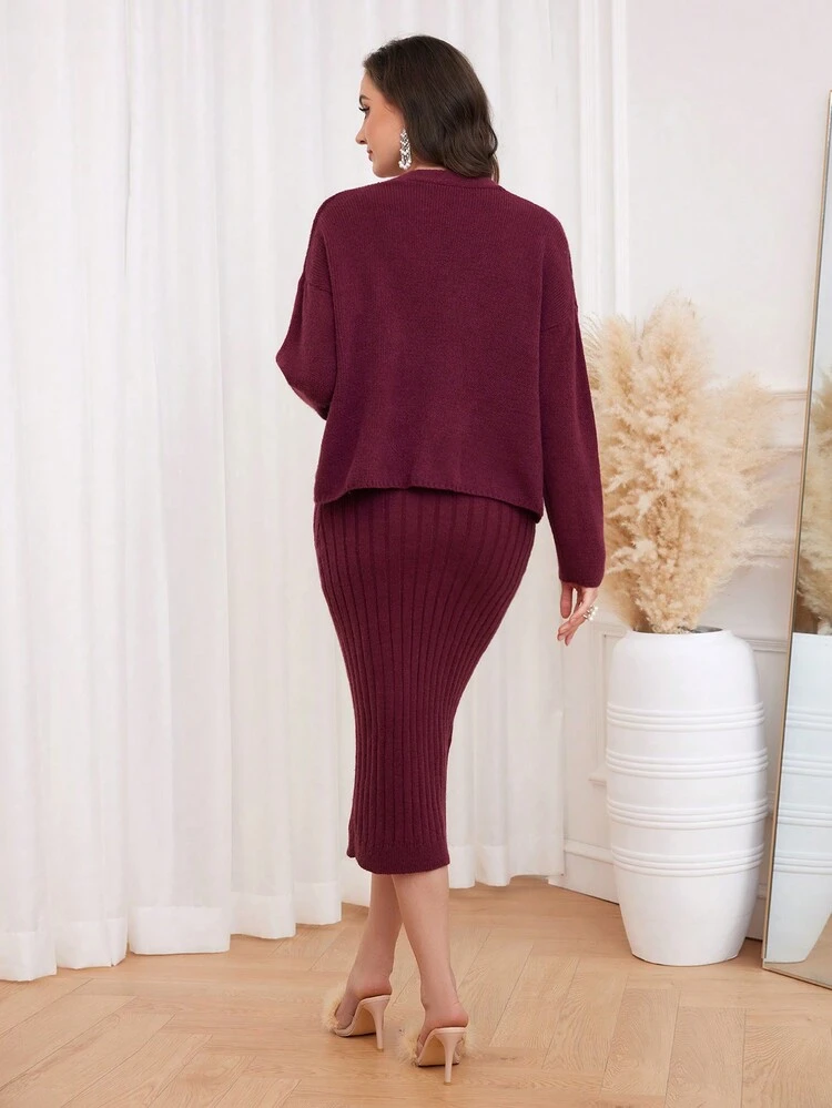 Burgundy Red Solid Crop Knit Top & Sweater Dress