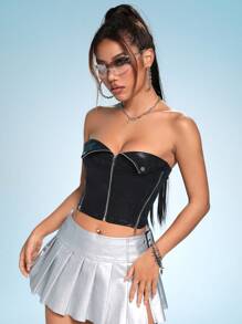 SHEIN ICON Women Summer Sexy Glitter Zipper Slim Fit Cropped Strapless Crop Top - Black - View 4