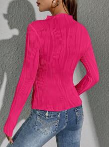 SHEIN Essnce Camiseta unicolor ribete en forma de lechuga de cuello alto - Rosa Fucsia - Ver 2