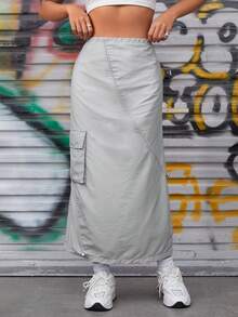 SHEIN PETITE Drawstring Ruched Flap Pocket Side Skirt - Grey - View 6