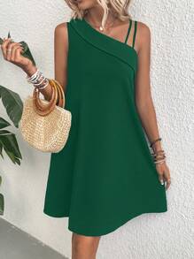 SHEIN VCAY Chất rắn Cổ không đối xứng Đầm - Màu xanh lá cây đậm - Xem 1