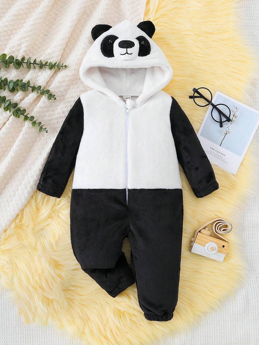 SHEIN Đứa bé trai Hai âm Thiết kế tai 3D áo có mũ Dây kéo mặt trước Trang phục áo liền quần - Nhiều màu - Xem 1