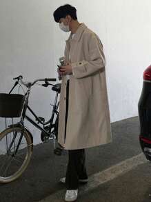 DAZY 男士前紐扣落肩袖風衣外套 - 卡其色 - 查看 4