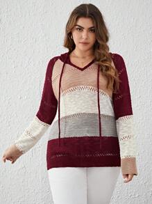 SHEIN Clasi Talla grande Jersey de color combinado de manga raglán con cordón con capucha - Burdeos - Ver 5