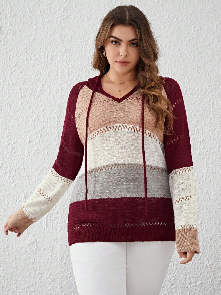 Plus Colorblock Raglan Sleeve Drawstring Hooded Sweater