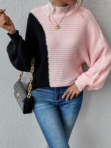 SHEIN Privé Two Tone Mock Neck Batwing Sleeve Sweater - Multicolor - View 3