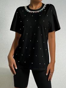 SHEIN Unity Rhinestone Chi tiết Áo thun - màu đen - Xem 4