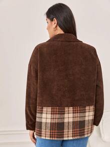 SHEIN Frenchy Chaqueta de pana con hombros caídos y panel de cuadros - Camel - Ver 2
