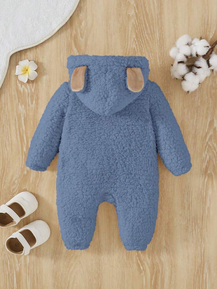 SHEIN 男婴童卡通刺繡3D耳朵設計連帽連體睡衣 - 藍色 - 查看 2
