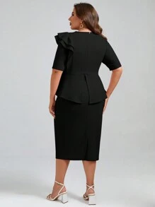 SHEIN Clasi Plus Ruffle Trim Peplum Top & Skirt - Black - View 2