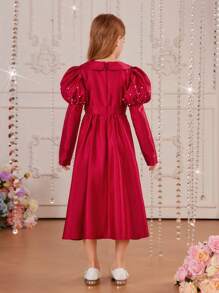 SHEIN 女大童珍珠串珠羊腿袖洋裝 - 紅色 - 查看 2