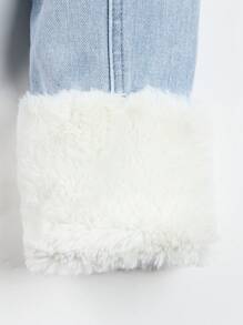 女大童拼接羊羔毛拼塊牛仔夾克 - 中等水洗藍 - 查看 7