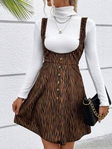 SHEIN LUNE In hoa văn ngựa vằn Nút phía trước Đầm Tổng thể Without Tee - Màu Khaki - Xem 3