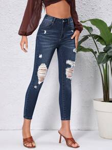 SHEIN Essnce High Waist Ripped Skinny Jeans - Dark Wash - View 5