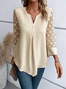 EMERY ROSE Blusa de manga de malla jacquard en contraste con botón - Albaricoque - Ver 3