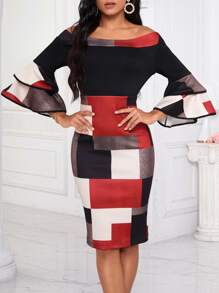 SHEIN Lady Khối màu Off Shoulder Tay áo loe Váy bodycon - Nhiều màu - Xem 2