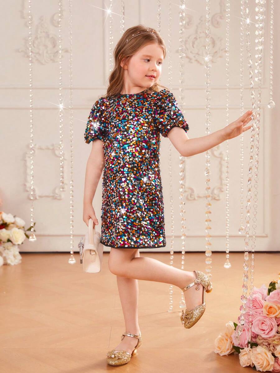 SHEIN Young Girl Sequin Decor Puff Sleeve Dress SHEIN Singapore