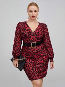 BizChic Talla grande Vestido con estampado de leopardo de cuello V de manga farol sin cinturón - Rojo - View 3