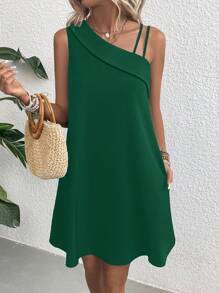 SHEIN VCAY Chất rắn Cổ không đối xứng Đầm - Màu xanh lá cây đậm - Xem 5