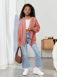 SHEIN 女大童麻花編織落肩袖連帽開襟衫 - 粉色 - 查看 4