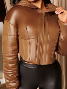 SHEIN SXY Zip Up Drop Shoulder Hooded Crop Jacket - Brown - View 3
